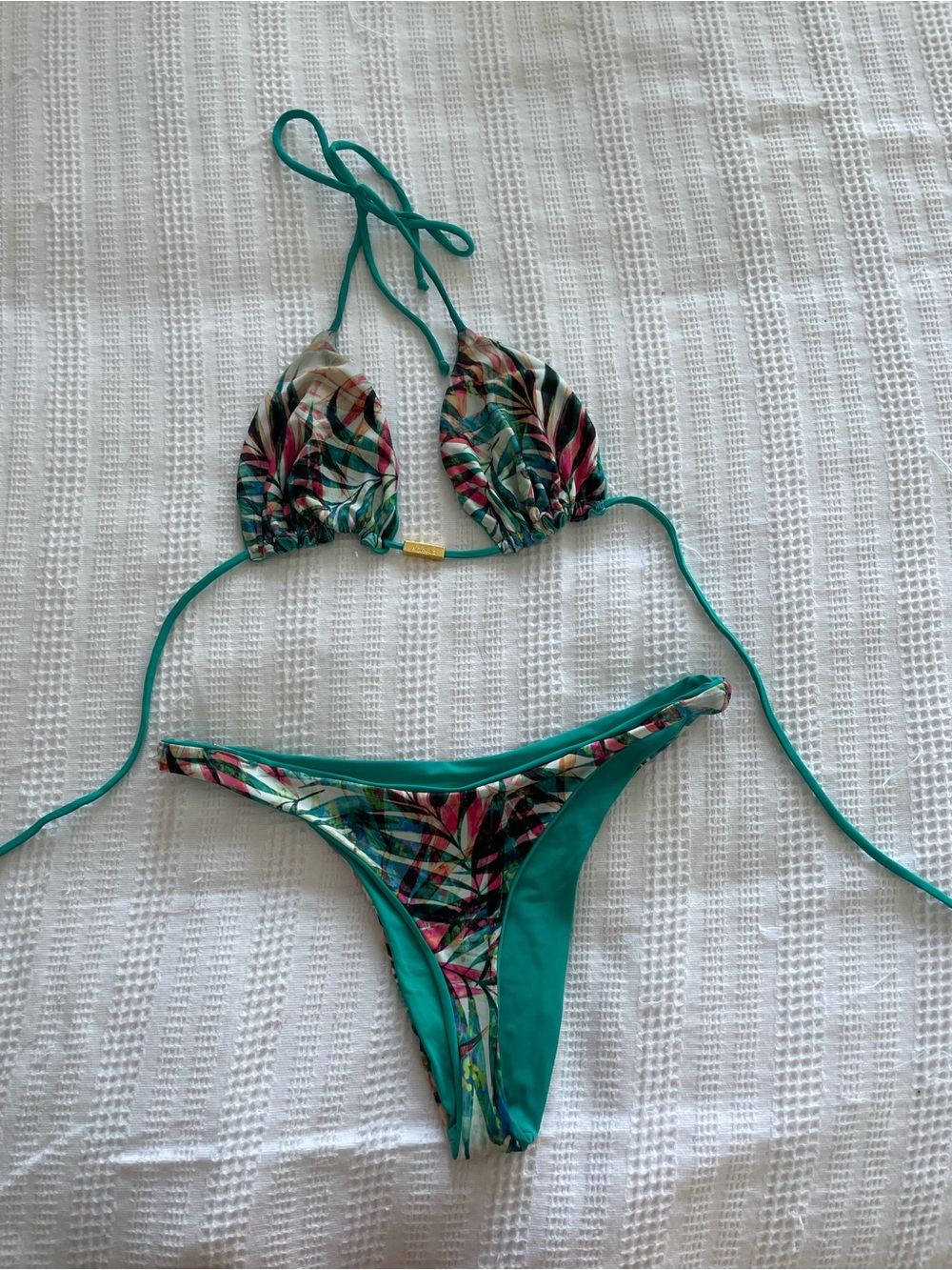 La Vie En Rose Teal Tropical Print Triangle Bikini